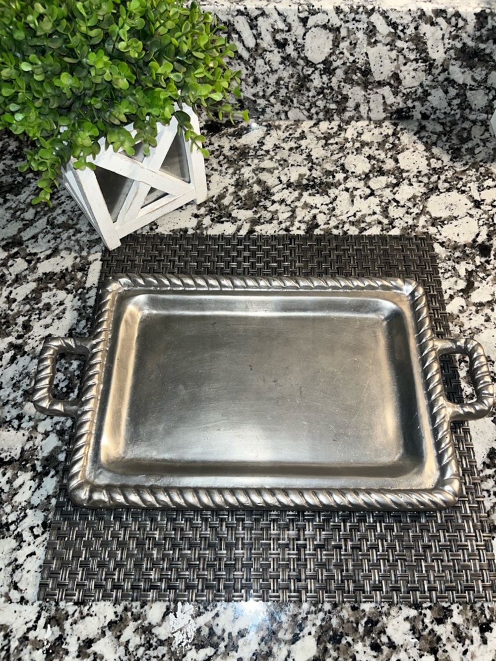 Metal Serving Tray with Rope-Edge Handles - Silver
